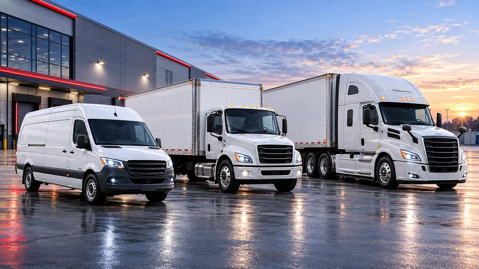 White Sprinter-style cargo van, box truck, and full-size semi truck with trailer lined up at a modern logistics terminal